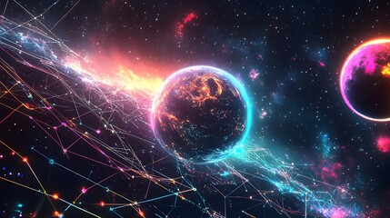 Obraz premium Futuristic Digital Network Representing Planets and Cosmic Connections
