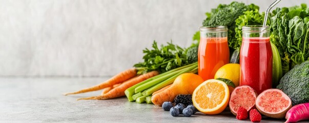 Fresh juices and vibrant fruits and vegetables arranged on a table. A healthy choice for a refreshing drink or meal.