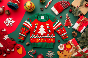 A festive holiday sweater surrounded by decorations and gifts, celebrating the Christmas spirit.