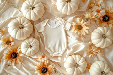 White baby onesie surrounded by ivory pumpkins and soft beige flowers on a silk background, modern fall baby pregnancy announcement concept