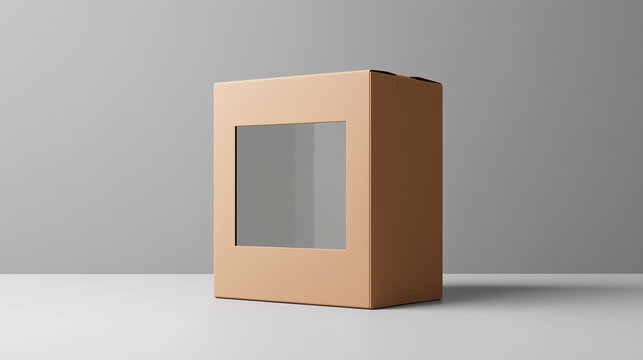box mockup with transparent window on gray background, template for product presentation