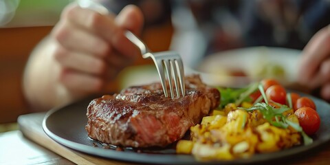 A delicious grilled steak on a plate, accompanied by vegetables, is being prepared for consumption at a dining table.