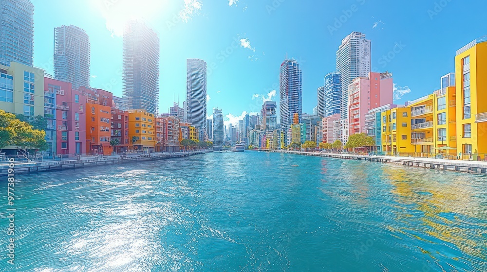 Poster a city with a river running through it