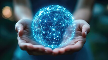 Close-up of hands holding a blue sphere with a web of interconnected lines, representing data networks and global reach