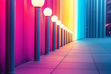 A modern, neon-lit corridor showcases a beautiful gradient of bright colors, creating a futuristic and vibrant atmosphere.