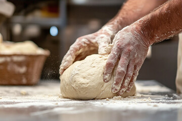 Fototapeta premium Male hands kneading dough on a kitchen table in a bakery
