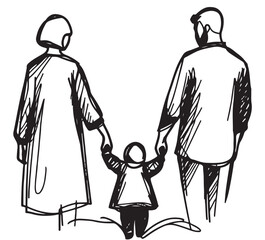 Child holding mother and father hand, sketch, abstract