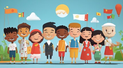 A group of children are smiling and holding hands, with flags in the background