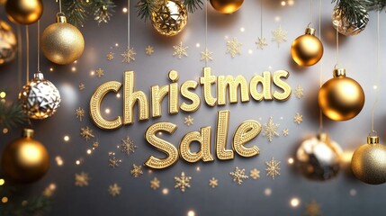 Christmas Sale banner with golden ornaments and glittering lights, showcasing the elegance and festive spirit of holiday discounts