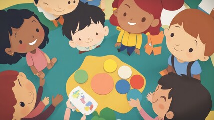 A group of children are sitting around a table with a painting set