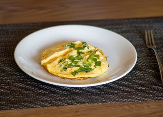Simple Omelette with Green Onions on a White Plate
