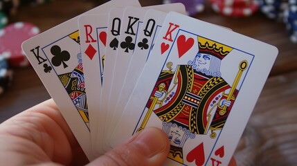 Royal Flush Hand: A close-up shot of a royal flush in poker, with the cards held fan-like in a player's hand. 
