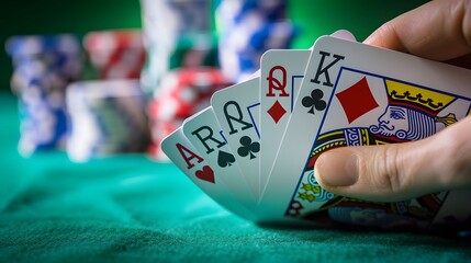 Royal Flush Hand: A close-up shot of a royal flush in poker, with the cards held fan-like in a player's hand. 
