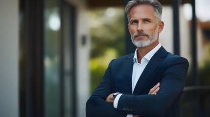 Fototapeta premium Confident Man with Silver Hair in a Blue Suit