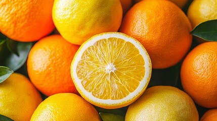 fresh oranges and lemons, highlighting the juicy cross-section of a lemon in the center, perfect for culinary themes.
