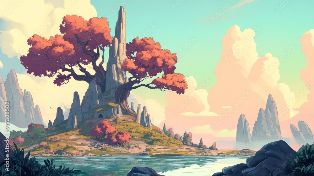 Poster a beautiful landscape with a large tree in the foreground