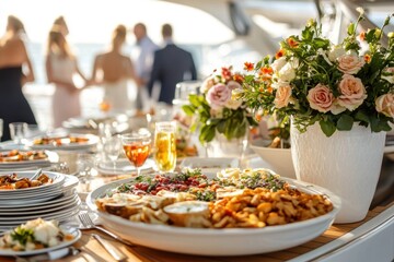 a luxury wedding party dining on a yacht.