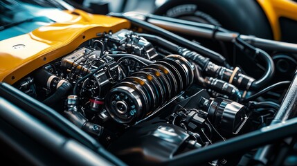 Precision Engineering Unveiled: Close-up of High-Performance Race Car Engine Bay Components