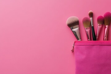 Make-up bag with makeup products and brushes on a pink background, with copy space for text.