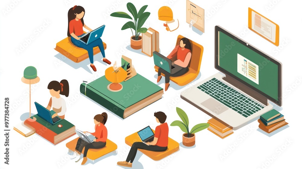 Poster a group of people are sitting around a table with books and laptops