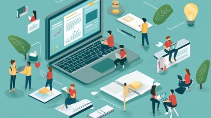 Obraz premium A group of people are working on a laptop, with some sitting on chairs