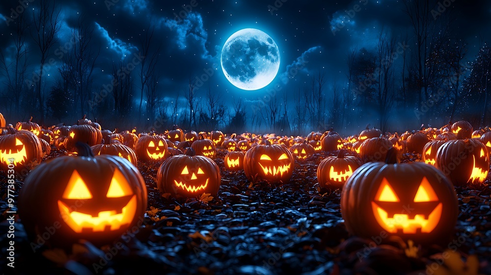 Wall mural a field of jack-o�-lanterns glows under a full moon and stars, creating a magical halloween night.