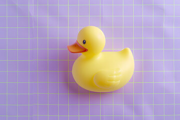 yellow rubber duck on the water in the pool, light purple grid background, pastel aesthetic