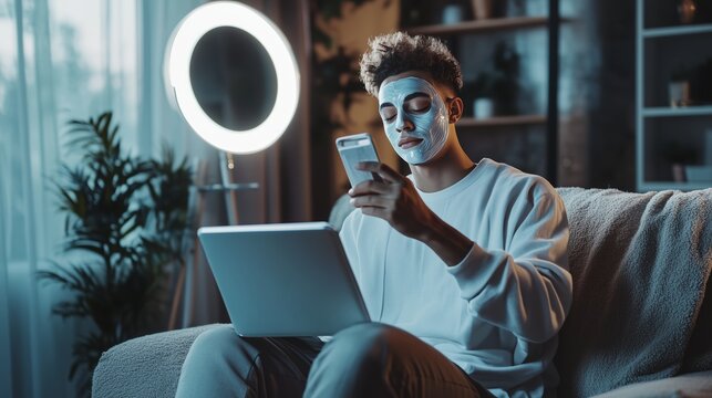 Young man with a face mask relaxing at home while using a laptop and mobile phone in a cozy evening setting
