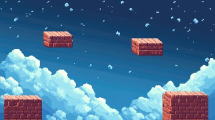 Retro platform game scene with floating bricks and empty space for text, designed in a classic pixelated style.