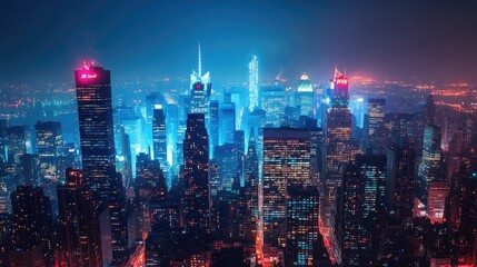 Fototapeta premium A city skyline at night, illuminated by countless lights.