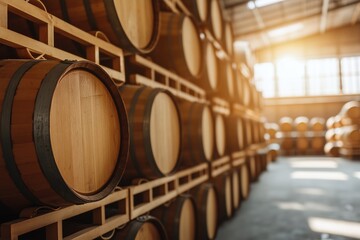 Backgroud image. Oak wine barrels in old dark wine cellar Stacks of cognac, brandy, beer, whiskey barrels are made in a warehouse. For wallpaper, mockup, layout, banner, design, shop, flyer, poster,
