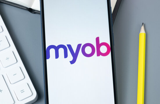 New York, USA - 30 August 2024: MYOB Logo on Phone Screen, Company Icon on Display