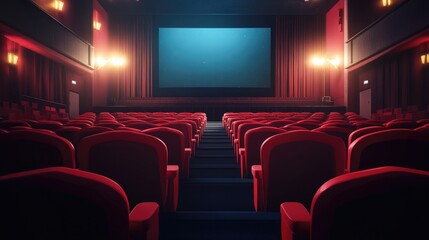 Obraz premium Rows of red seats lead to a large movie screen, capturing the immersive feeling of being in a theater.