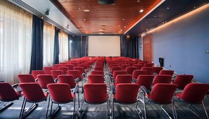 Empty conference hall with red chairs Rear view