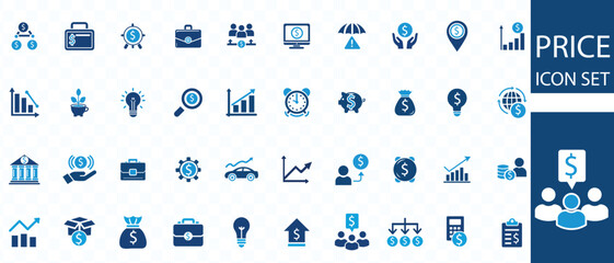 Price icon set. Containing product, price tag, cost, quotation, invoice, estimate, discount and more. Solid vector icons collection