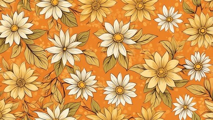 base xl pretty yellow theme flowers on light orange background, egg mosaic style