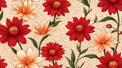 base xl pretty red theme flowers on light orange background, egg mosaic style