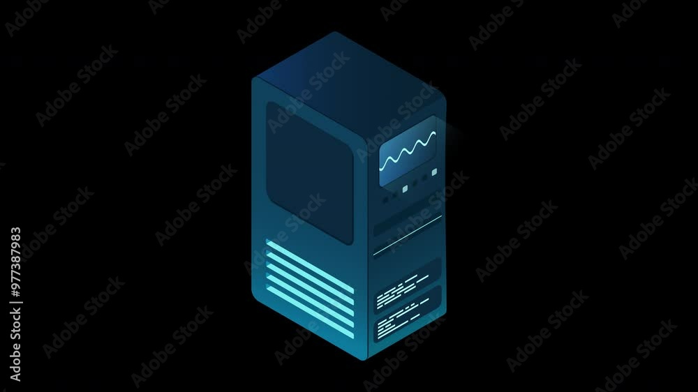 Poster isometric futuristic server animation. isometric database or data center. abstract blockchain. compu