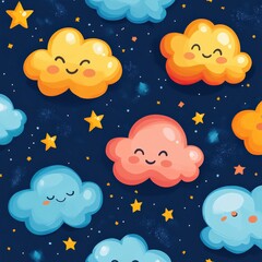 Cute cartoon stars and clouds with smiling faces