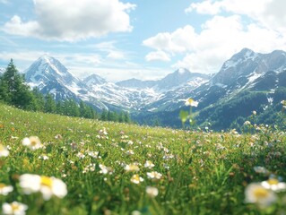 Majestic Alpine Meadow with Snowcapped Peaks and Vibrant Wildflowers in Scenic Landscape