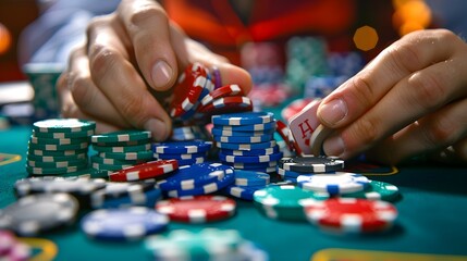 Fototapeta premium Rolling Chips in Hand: Hands rolling poker chips between fingers, a common habit at the table. 