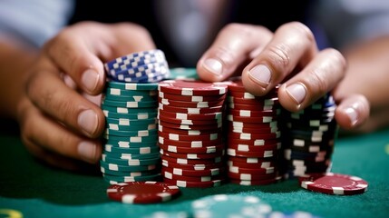 Naklejka premium Rolling Chips in Hand: Hands rolling poker chips between fingers, a common habit at the table. 