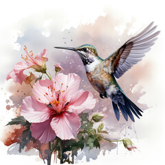 hummingbird and hibiscus flower illustration