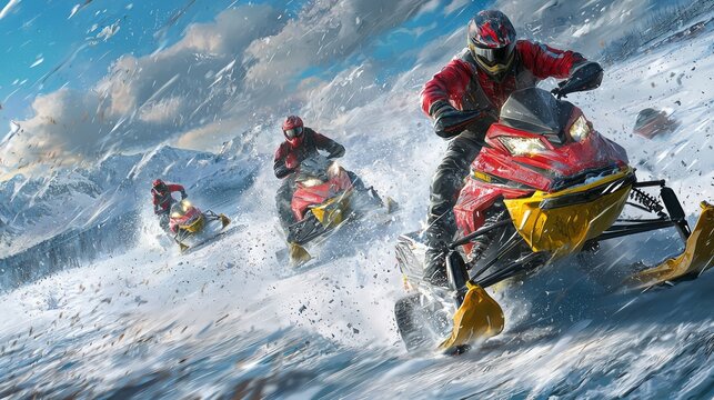 Adrenaline Rush on Ice - Snowcross Snowmobile Race on Frozen Lake with High-Speed Jumps and Exciting Action