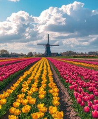 Vibrant Tulips and Windmill in Scenic Dutch Countryside Landscape