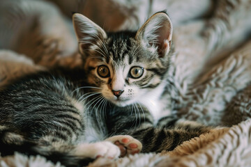 A multi-colored kitten lies on a soft fluffy pillow