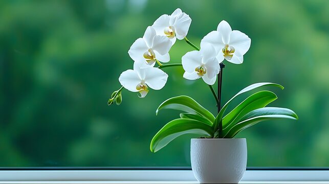 A white orchid plant sits on a windowsill, framed by a lush green background outside.