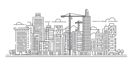 Constructing and residential development with building outline collection. Labeled elements with equipment, workers, heavy machinery and blueprints vector illustration. House renovation.