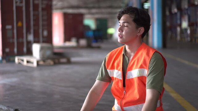 Asian male worker is sitting and taking a break near the factory, comfortably vaping an e-cigarette. 