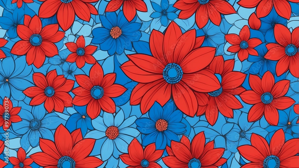 Wall mural base xl pretty blue theme flowers on light red background, egg mosaic style